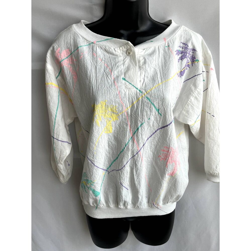 Vintage Sunstroke Popover Artsy Abstract Top 3/4 Sleeve Size S 100% Cotton Palms